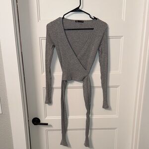 Zara Gray Ribbed Knit Wrap Blouse